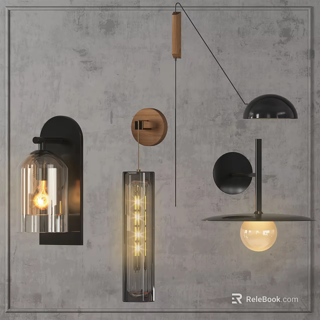 Modern Wall Sconces With Diverse Designs Glass Shades Wooden Elements And Black Metal Details 3d model 