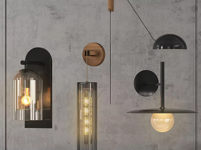Modern Wall Sconces With Diverse Designs Glass Shades Wooden Elements And Black Metal Details 3d model