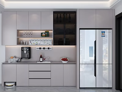 Modern Light Gray Kitchen Sideboard With Shelves Wine Glasses And Coffee Machine 3d model