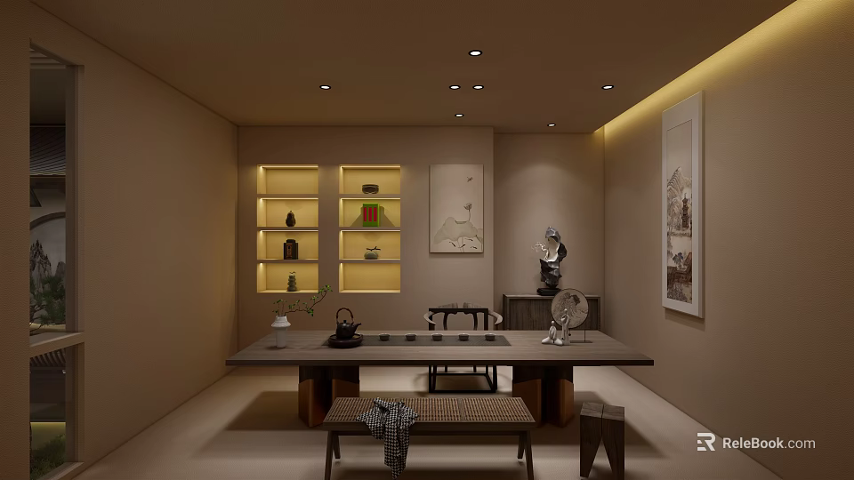 Traditional Chinese Tea House Interior Design With Wooden Table Tea Sets And Decorative Paintings 3d model 
