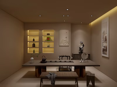 Traditional Chinese Tea House Interior Design With Wooden Table Tea Sets And Decorative Paintings 3d model