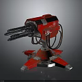 Red Mechanical Weapon with Multiple Barrels and Sturdy Metallic Base Structure 3d model