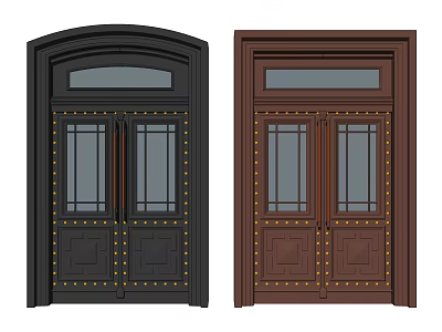 Classic Double Doors With Black And Brown Finish Glass Panels And Decorative Studs 3d model