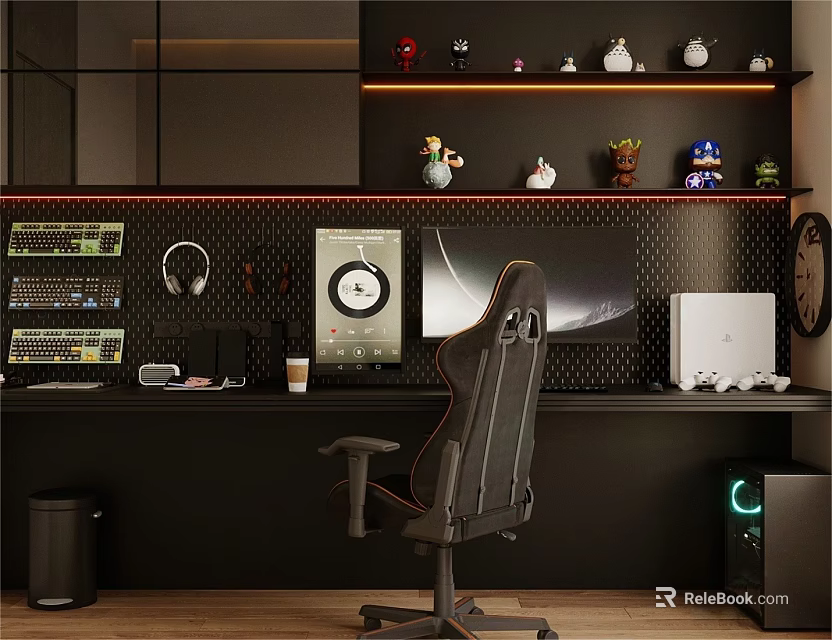 Esports Hotel Gaming Room With Ergonomic Chair Multiple Monitors Keyboards Headphones And LED Strip Lights 3d model 