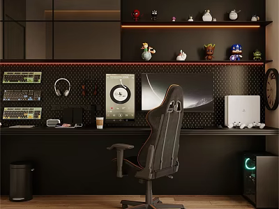 Esports Hotel Gaming Room With Ergonomic Chair Multiple Monitors Keyboards Headphones And LED Strip Lights 3d model