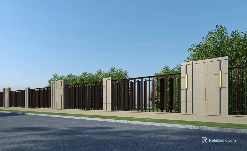 Beige Stone Building Exterior Wall With Dark Metal Railings Decorative Lights Surrounded By Green Trees 3d model 