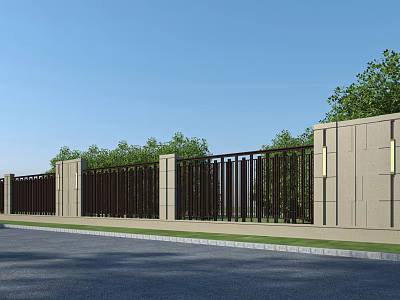Beige Stone Building Exterior Wall With Dark Metal Railings Decorative Lights Surrounded By Green Trees 3d model