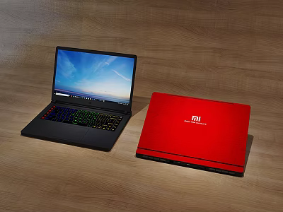 Black Open Laptop with Colorful Backlit Keyboard and Red MI Notebook on Wooden Table 3d model