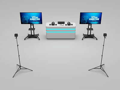 VIVID VISION VR Experience Setup With Dual Monitors Console And Microphone Stands 3d model