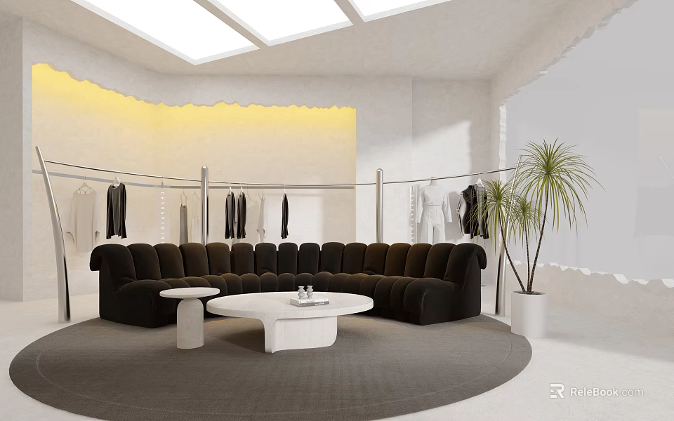 Minimalist Clothing Store Interior With Bright Space Curved Sofa Clothing Racks And Green Plant 3d model 