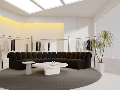 Minimalist Clothing Store Interior With Bright Space Curved Sofa Clothing Racks And Green Plant 3d model