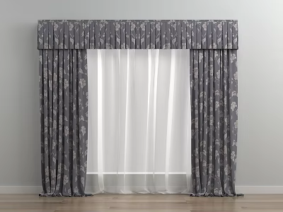 Elegant Double Layer Curtains With Dark Floral Pattern And White Sheer Valance Top 3d model