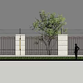 Modern Building Exterior Wall With White Pillars Black Fence Green Plants And Lawn
