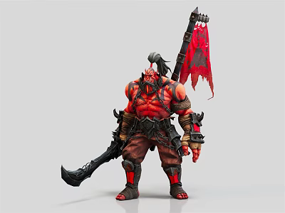 Fantasy Red Skinned Warrior Creature With Battle Axe Tattered Banner Armor And Muscular Build 3d model