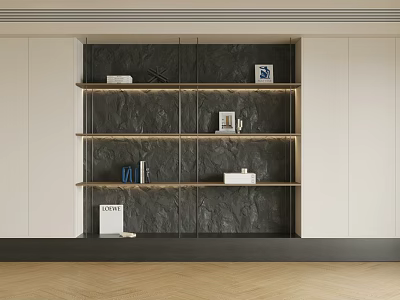 Modern Decorative Cabinet Design With Multiple Shelves Dark Textured Wall White Doors And Decorative Items 3d model