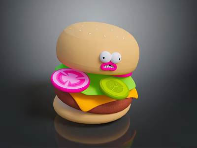 Funny Face Cartoon Hamburger With Lettuce Onion Cheese Patty And Sesame Bun 3d model