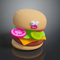 Funny Face Cartoon Hamburger With Lettuce Onion Cheese Patty And Sesame Bun