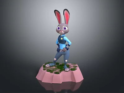 3D Rabbit Character With Long Ears Blue Outfit Pink Base And Green Grass 3d model