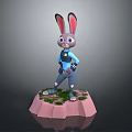 3D Rabbit Character With Long Ears Blue Outfit Pink Base And Green Grass