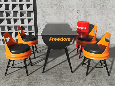 Modern Dining Table Set With Black Glass Top Orange Chairs And Freedom Logo 3d model