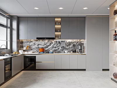 Modern Kitchen Interior Design With Gray Cabinets Marble Countertop And Appliances 3d model