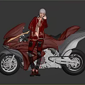 Game Movie Character With White Hair Posing In Red Outfit By Modern Red Motorcycle