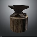 Rustic Blacksmith Anvil For Weapon Making Placed On Wooden Stump And Metal Base