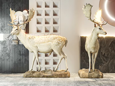 Elegant Deer Sculptures As Modern Interior Decor With Geometric Wall Panels And Lighting 3d model