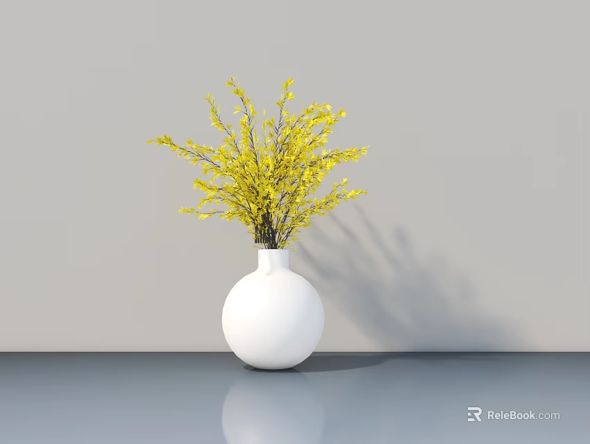 White Round Vase with Yellow Flower Branches on Gray Surface Against Gray Wall 3d model 