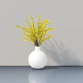White Round Vase with Yellow Flower Branches on Gray Surface Against Gray Wall