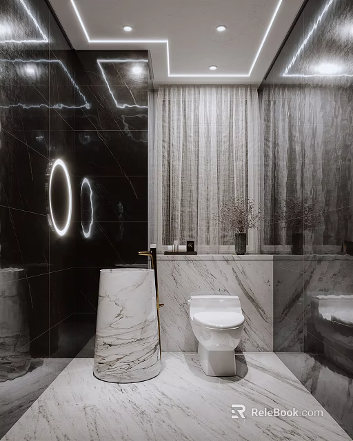 Modern Luxury Hotel Bathroom Interior With Marble Walls Round Ring Lights And Gray Sheer Curtain 3d model 