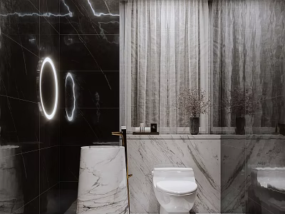 Modern Luxury Hotel Bathroom Interior With Marble Walls Round Ring Lights And Gray Sheer Curtain 3d model