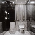 Modern Luxury Hotel Bathroom Interior With Marble Walls Round Ring Lights And Gray Sheer Curtain