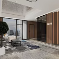 Modern Front Desk Reception With Marble Countertop Two Computers Green Plant Gray Wooden Background Wall