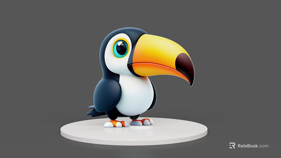 Cartoon Flying Toucan With Large Yellow Orange Beak Blue White Body On White Base 3d model 