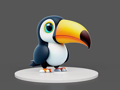 Cartoon Flying Toucan With Large Yellow Orange Beak Blue White Body On White Base 3d model