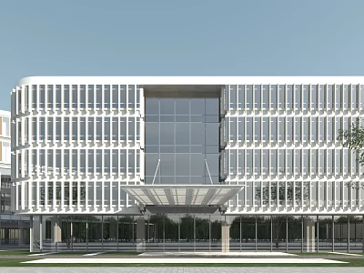 Modern Office Building Featuring Glass Curtain Wall Grid Structure Entrance Canopy And Green Lawn 3d model