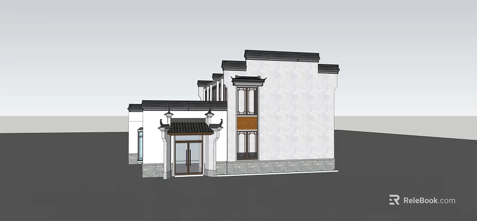 Traditional Chinese Architecture Exterior With White Walls Black Roof Porch And Wooden Details 3d model 