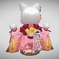 White Maneki Neko Figurine In Pink Kimono With Fortune Character And Floral Patterns