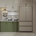 Modern Kitchen Interior With White Green Cabinets Marble Countertops Blinds And White Washing Machine