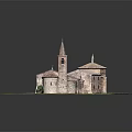 European Architecture Model With Tower Red Tiled Roofs Stone Walls And Green Lawn