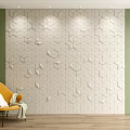 White 3D Hexagon Geometric Background Wall With Green Side Walls Yellow Chair And Wooden Floor