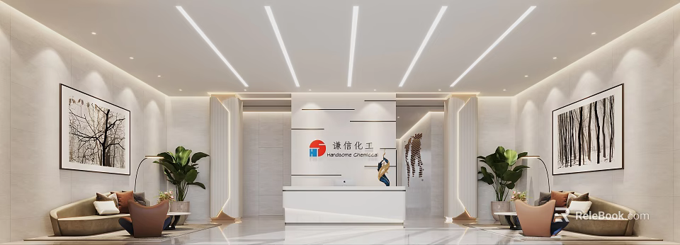 Modern Minimalist Corporate Reception Area With Custom Brand Logo Wall And Lush Indoor Plants 3d model 