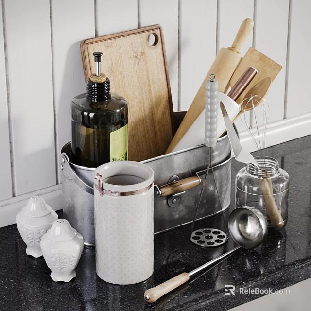 Essential Kitchen Tools in Metal Container with Cutting Board Rolling Pin Whisk and Spice Jars 3d model 