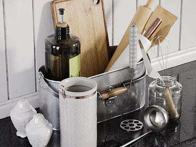 Essential Kitchen Tools in Metal Container with Cutting Board Rolling Pin Whisk and Spice Jars 3d model