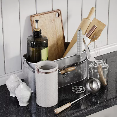 Essential Kitchen Tools in Metal Container with Cutting Board Rolling Pin Whisk and Spice Jars 3d model