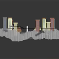 Colorful Model Buildings With Central Fountain And White Cloud Decorations Connected By Black Roads