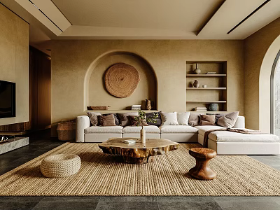 Natural Living Room Interior With Beige Walls Arched Details White Sofa And Wooden Coffee Table 3d model
