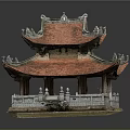 Traditional Chinese Architectural Model With Two Tiered Red Tiled Roof And Stone Bridge