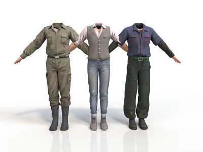 Men In Three Different Casual And Work Outfits Standing With Arms Outstretched 3d model